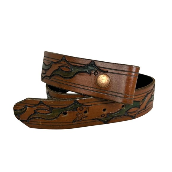 Men's Bird & Sky Tooled Brown Snap Leather Belt  Size M  Buckle not included - Picture 2 of 9